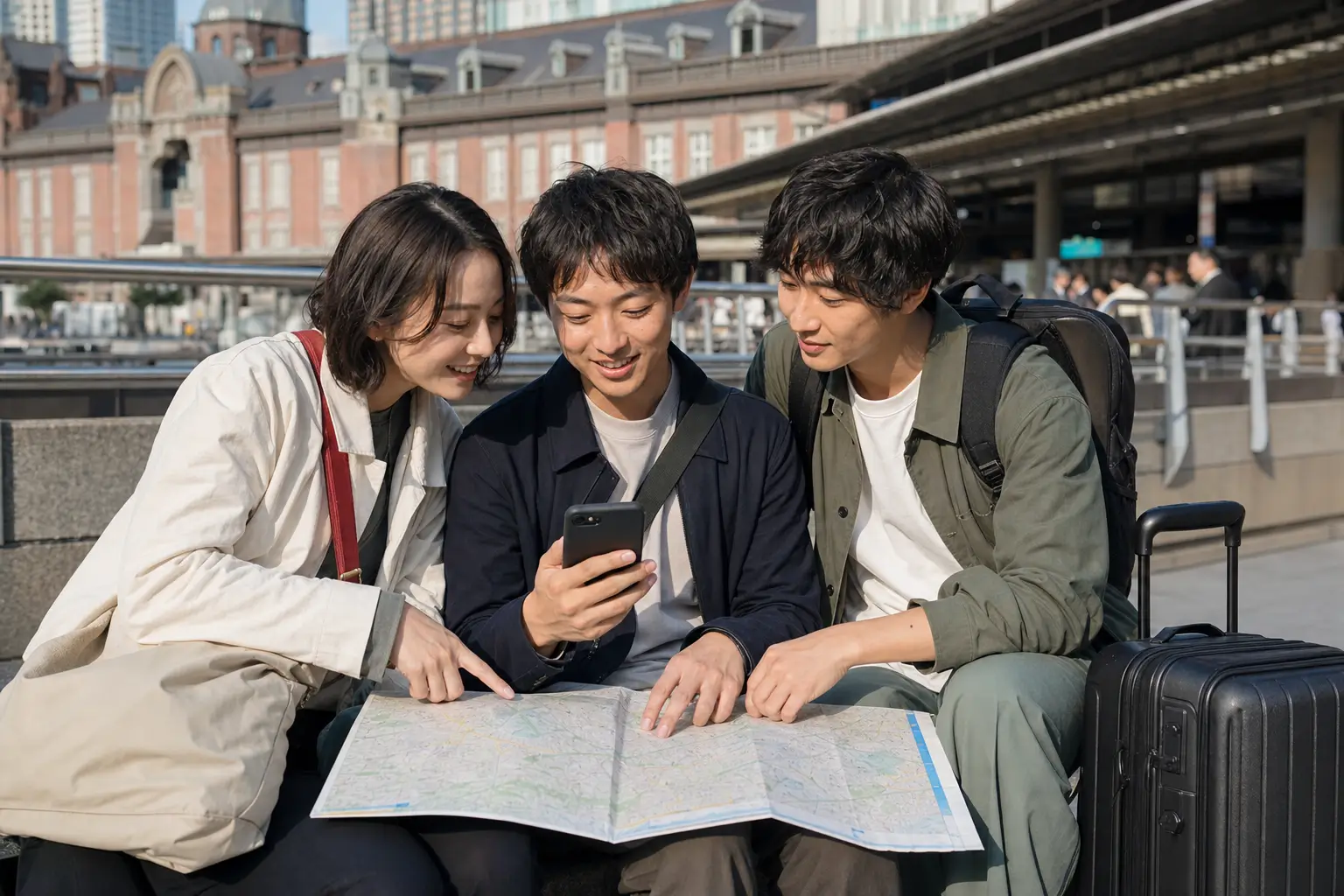 几位同行者一起查看手机里的旅行计划
