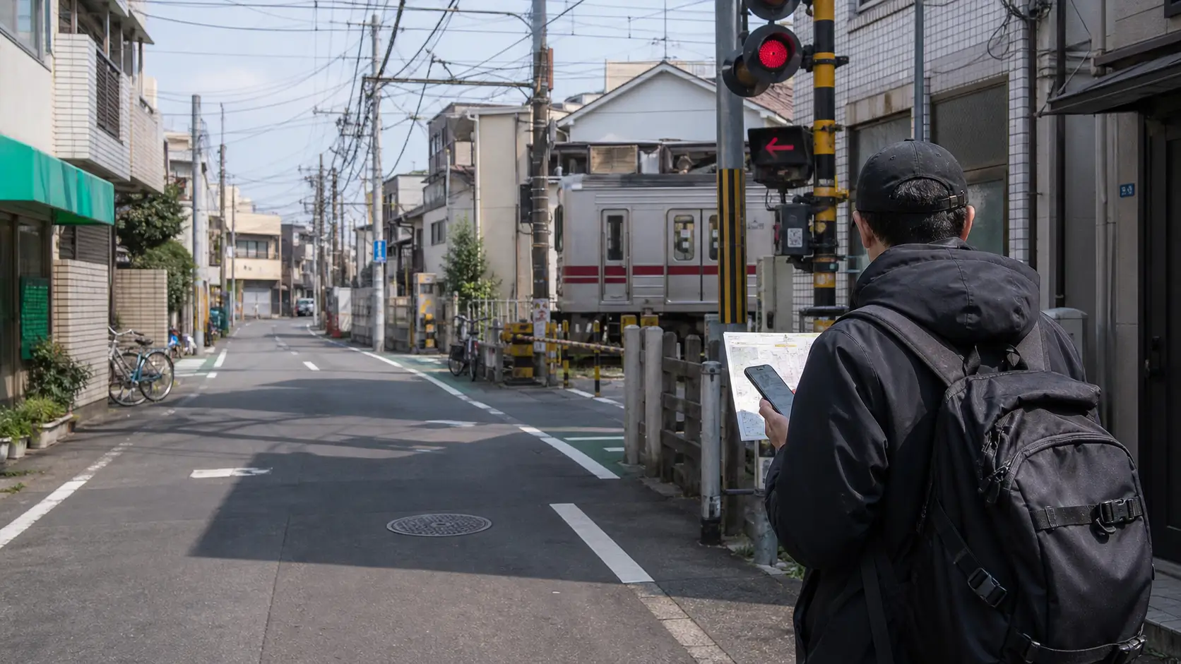 旅行者在东京街区的铁路道口旁查看手机与纸质行程